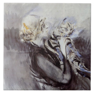 Lady with a Grey Cat (by Giovanni Boldini) Ceramic Tile