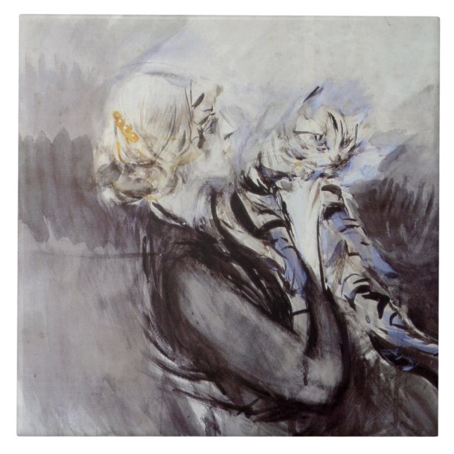 Lady with a Grey Cat (by Giovanni Boldini) Ceramic Tile (Front)