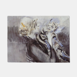 Lady with a Grey Cat (by Giovanni Boldini) Doormat