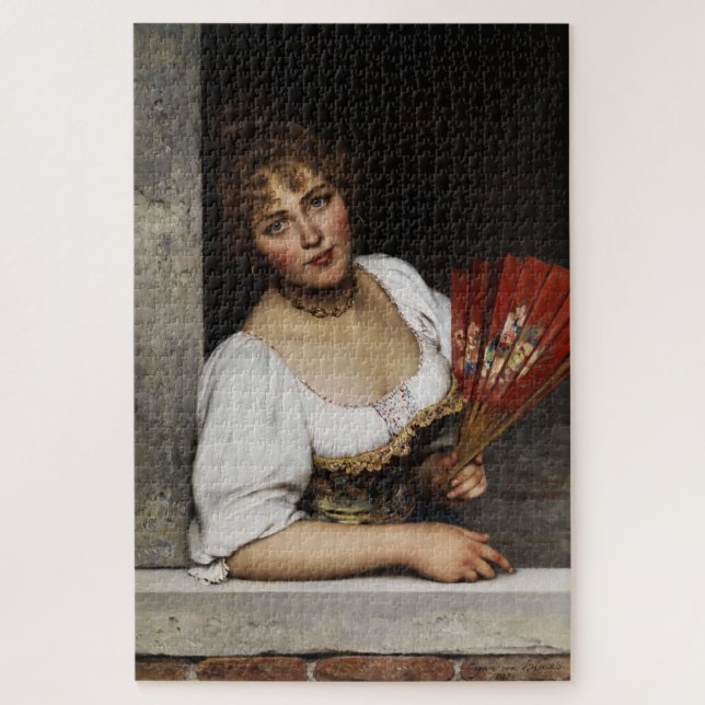 Lady with a Red Fan (by Eugene de Blaas) Jigsaw Puzzle (Vertical)