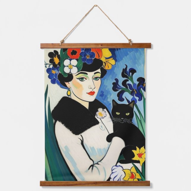 Lady with Black Cat Hanging Tapestry (Front)