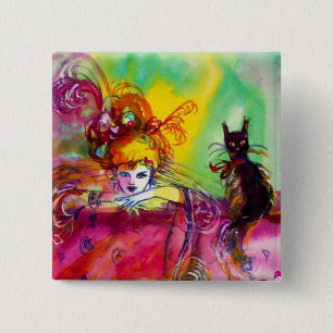 LADY WITH BLACK CAT /Mardi Gras Masquerade Party 15 Cm Square Badge