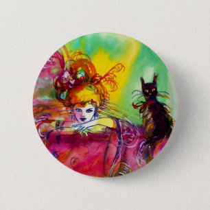 LADY WITH BLACK CAT /Mardi Gras Masquerade Party 6 Cm Round Badge