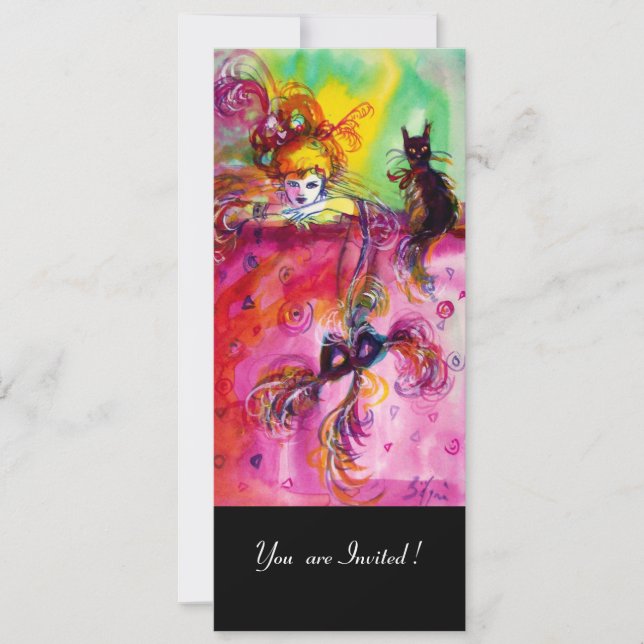 LADY WITH BLACK CAT /Mardi Gras  Masquerade Party Invitation (Front)