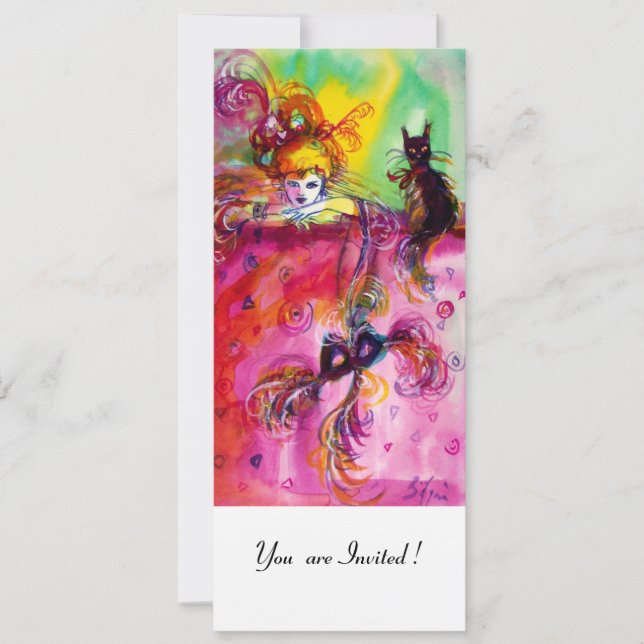 LADY WITH BLACK CAT /Mardi Gras  Masquerade Party Invitation (Front)