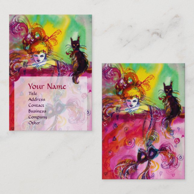 LADY WITH BLACK CAT / Venetian Masquerade Ball Business Card (Front/Back)