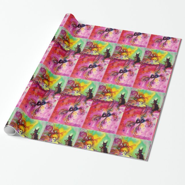 LADY WITH BLACK CAT / Venetian Masquerade Wrapping Paper (Unrolled)