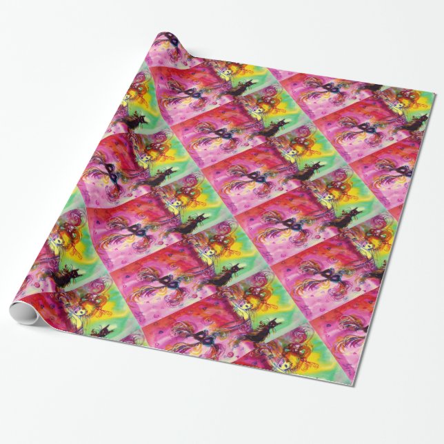 LADY WITH BLACK CAT / Venetian Masquerade Wrapping Paper (Unrolled)