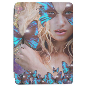 LADY WITH BLUE BUTTERFLY FLORAL GOLD SPARKLES iPad AIR COVER