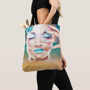 Lady With Blue Makeup Eyes Closed Beach  Dreaming Tote Bag