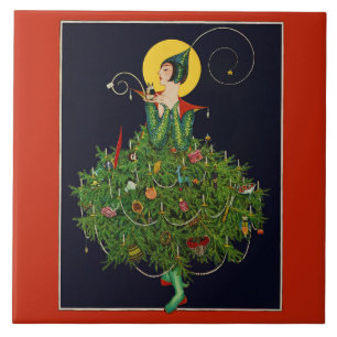 LADY WITH CHRISTMAS GIFTS ART DECO BEAUTY FASHION CERAMIC TILE