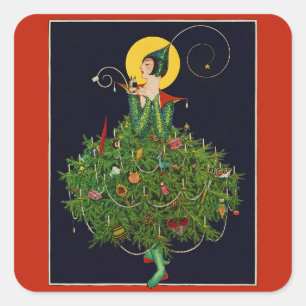 LADY WITH CHRISTMAS GIFTS ART DECO BEAUTY FASHION SQUARE STICKER