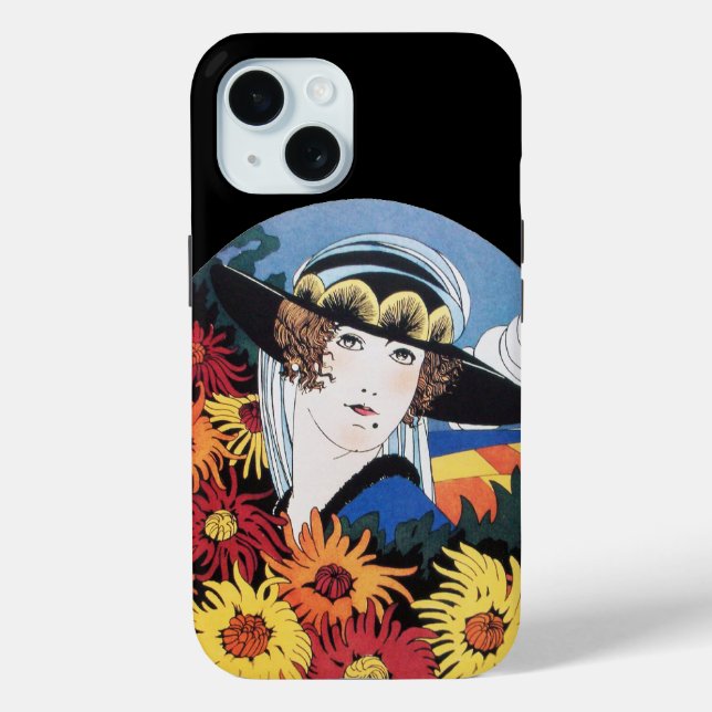 Lady with Chrysanthemum Flowers ,Black Case-Mate iPhone Case (Back)