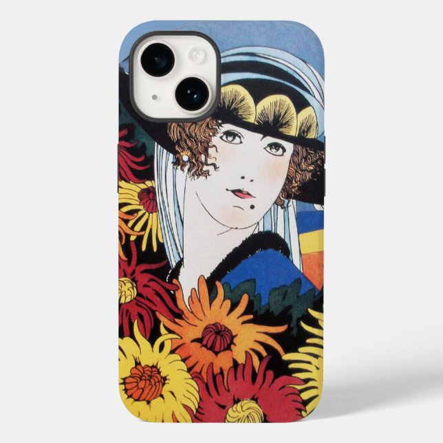Lady with Chrysanthemum Flowers ,Black Case-Mate iPhone Case (Back)