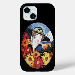Lady with Chrysanthemum Flowers ,Black iPhone 15 Case