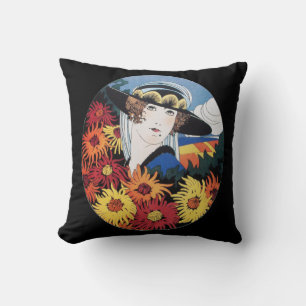 Lady with Chrysanthemum Flowers Cushion