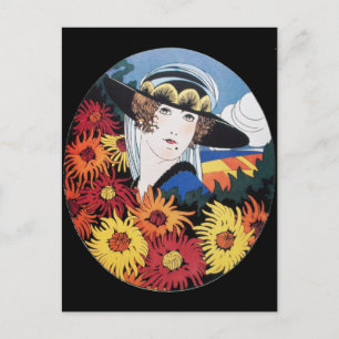 Lady with Chrysanthemum Flowers Postcard