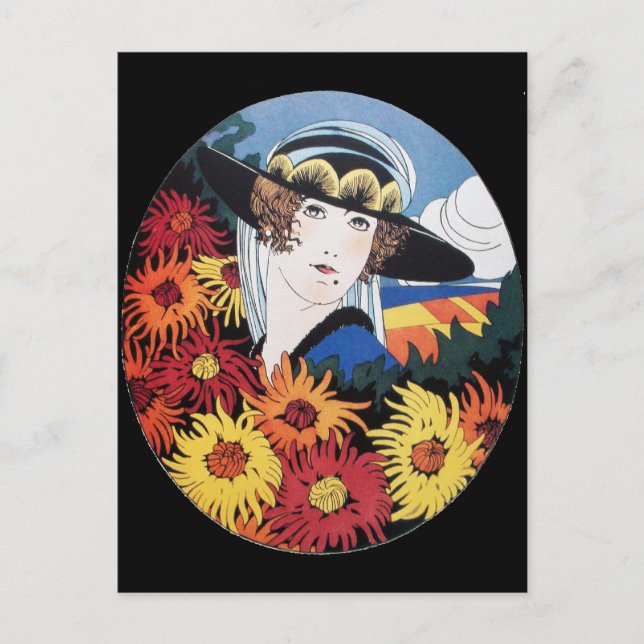 Lady with Chrysanthemum Flowers Postcard (Front)