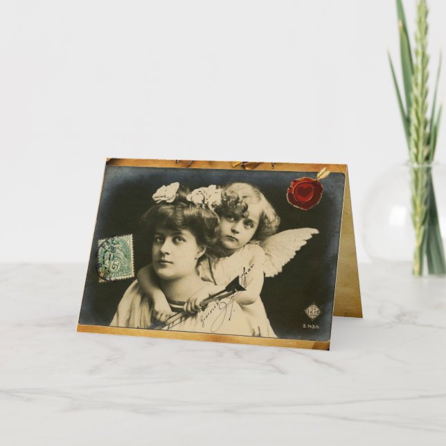 LADY WITH CUPID,RED HEART WAX SEAL Valentine's Day Holiday Card (Front)