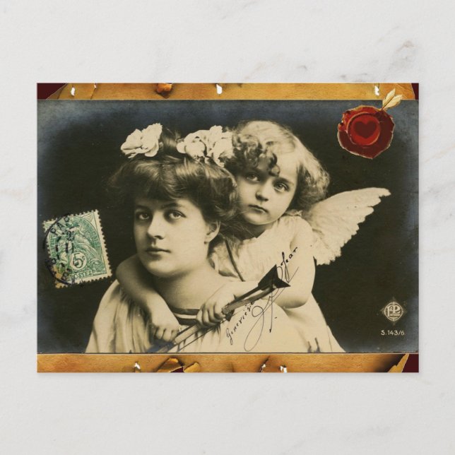 LADY WITH CUPID,RED HEART WAX SEAL Valentine's Day Holiday Postcard (Front)