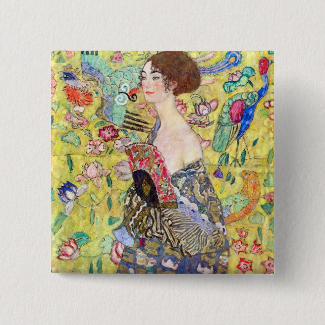 Lady with fan by Gustav Klimt 15 Cm Square Badge (Front)