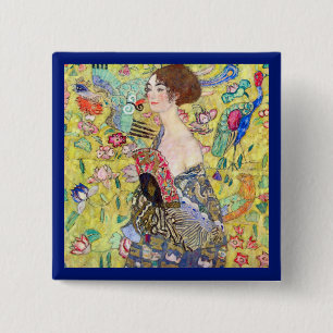 Lady with Fan by Gustav Klimt, Vintage Japonism 15 Cm Square Badge
