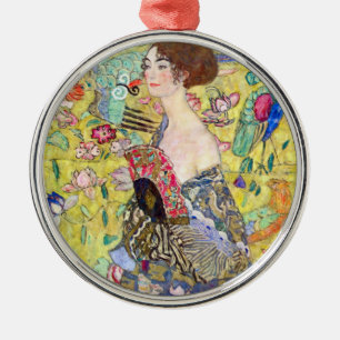 Lady with Fan by Gustav Klimt, Vintage Japonism Metal Ornament
