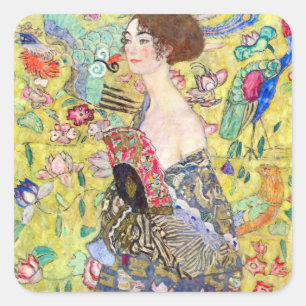 Lady with Fan by Gustav Klimt, Vintage Japonism Square Sticker