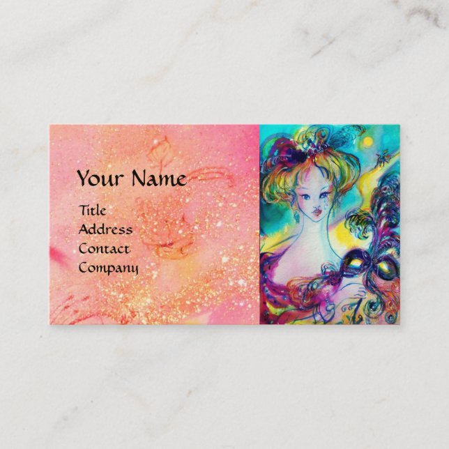 LADY WITH FEATHERED MASK MONOGRAM Pink Fuchsia Business Card (Front)