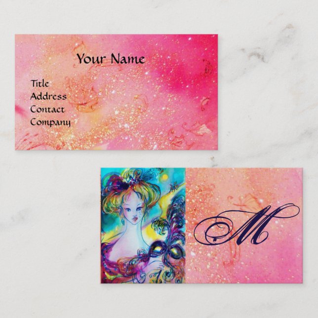 LADY WITH FEATHERED MASK MONOGRAM Pink Fuchsia Business Card (Front/Back)