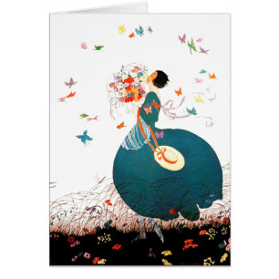 LADY WITH FLOWER BOUQUET AND BUTTERFLIES