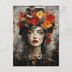 Lady With Flowers in Her Hair Grunge Painting Postcard