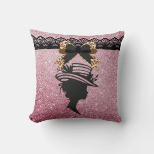 Lady with Hat Pink Faux Glitter Brown Leopard Bow Cushion