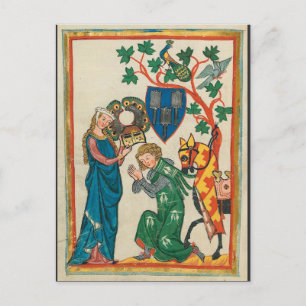 Lady with Knight, 14th Century Mediaeval Manuscrip Postcard