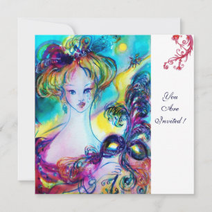 LADY WITH MASK / Venetian Masquerade Ball,white Invitation