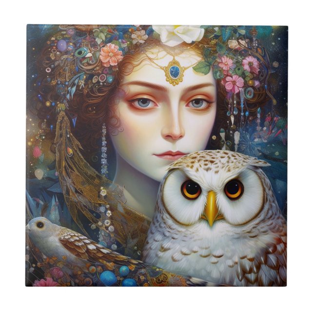 Lady With Owl Surreal Fantasy Art Ceramic Tile (Front)