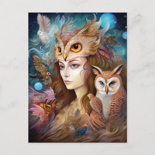Lady With Owl Surreal Fantasy Art Postcard (Front)