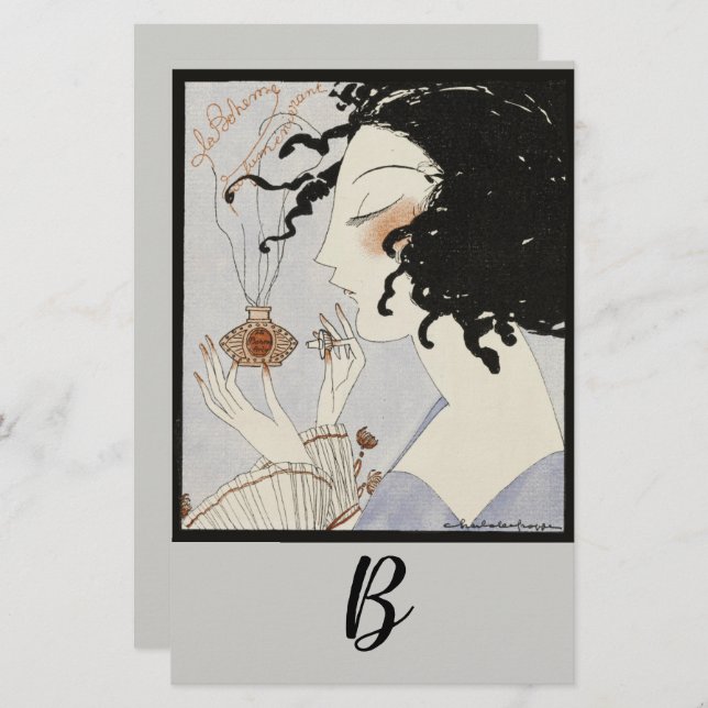 LADY WITH PERFUME BOTTLE ART DECO BEAUTY Monogram Stationery (Front/Back)