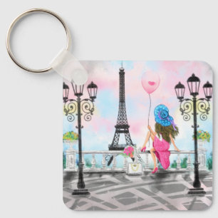 Lady with Pink Balloon Keychain - I Love Paris