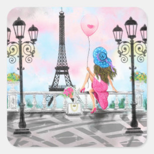 Lady with Pink Balloon Sticker - I Love Paris