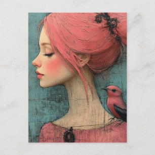 Lady with pink hair and a bird on her shoulder postcard