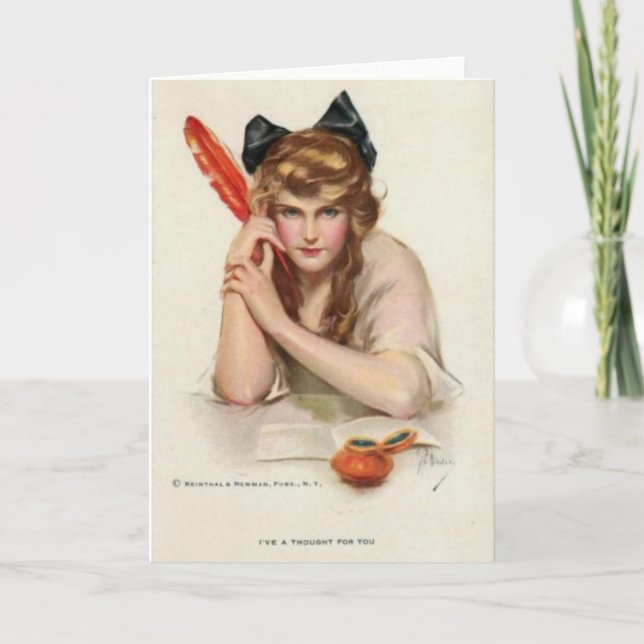 Lady With Red Quill Pen Greeting Card (Front)