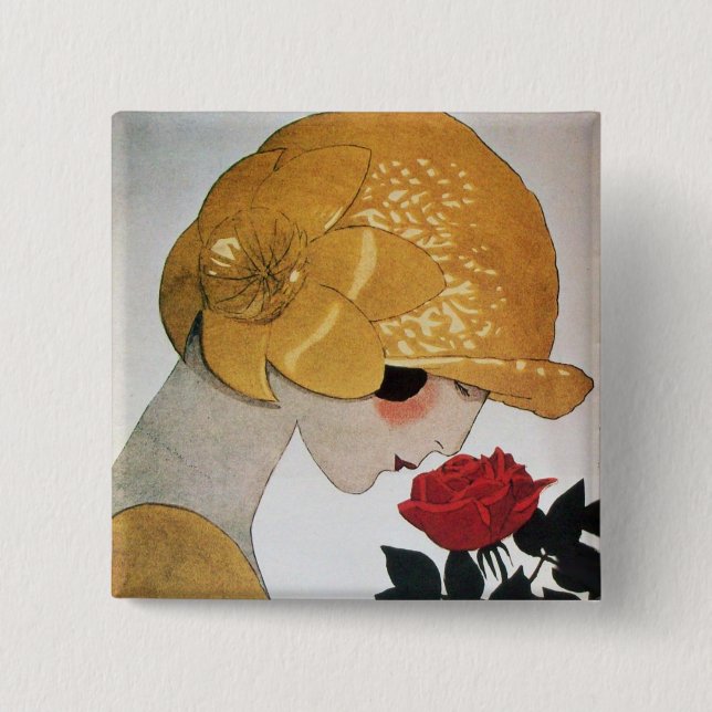 LADY WITH RED ROSE 15 CM SQUARE BADGE (Front)