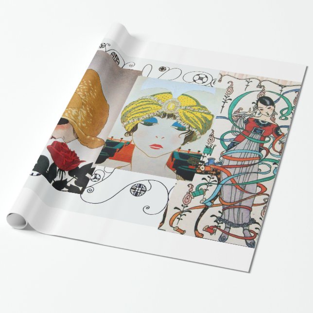 LADY WITH RED ROSE,ART DECO BEAUTY FASHION COSTUME WRAPPING PAPER (Unrolled)