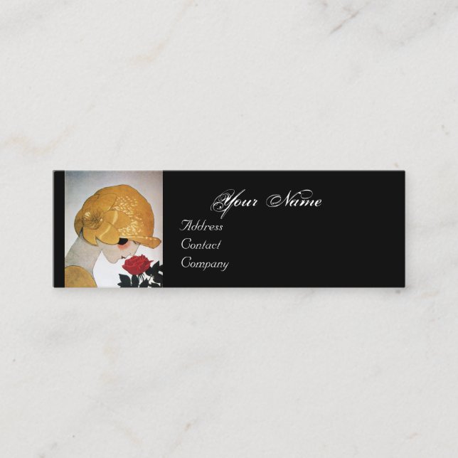 LADY WITH RED ROSE BEAUTY FASHION COSTUME DESIGNER MINI BUSINESS CARD (Front)