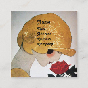 LADY WITH RED ROSE BEAUTY FASHION COSTUME DESIGNER SQUARE BUSINESS CARD