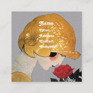 LADY WITH RED ROSE BEAUTY FASHION COSTUME Grey Square Business Card