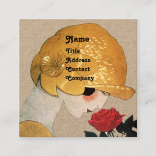 LADY WITH RED ROSE BEAUTY FASHION COSTUME Kraft Square Business Card