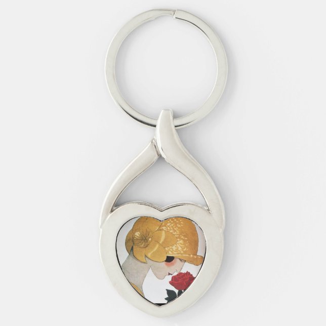 LADY WITH RED ROSE Beauty Fashion Heart Key Ring (Front)