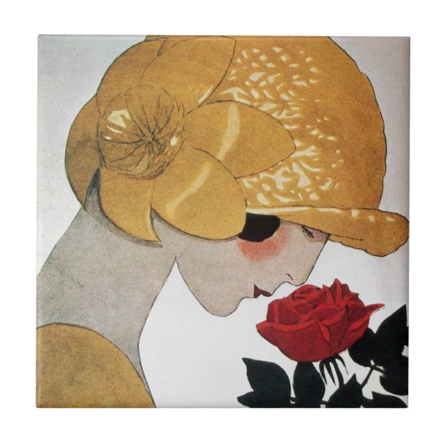 LADY WITH RED ROSE CERAMIC TILE (Front)